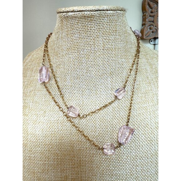J. Crew Long Gold Tone Chain Necklace W/ Pink Faceted Beads Double Strand Design - Picture 4 of 9